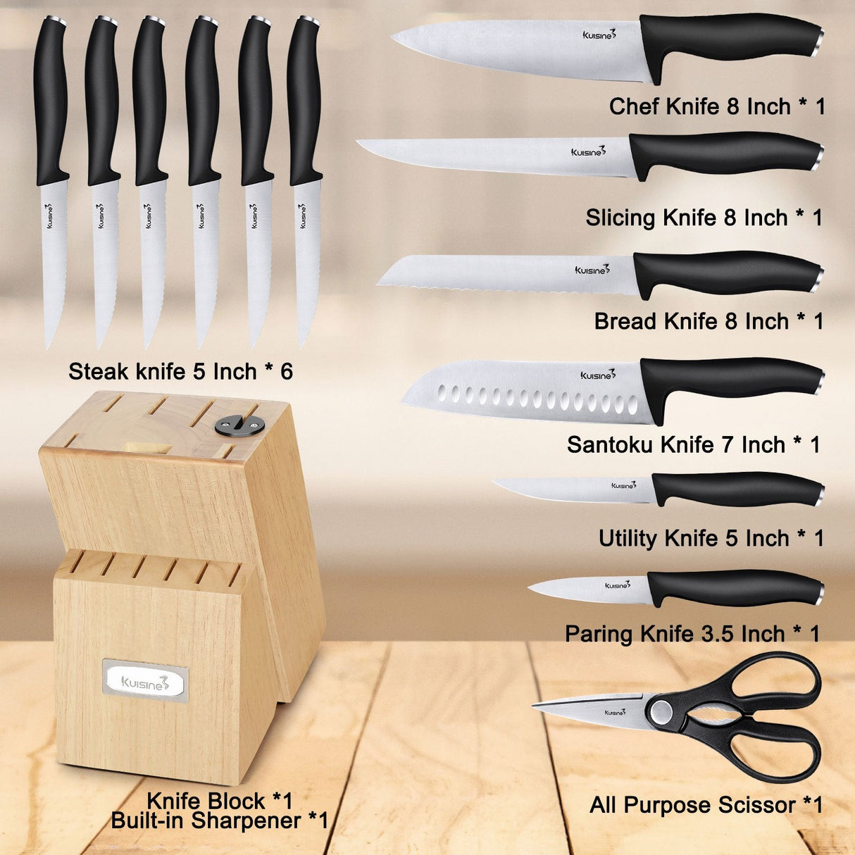 15 Piece Premium Chef Knife Set with Ergonomic Non-Slip Handle - Kuisine Cutlery High Quality Kitchen Chef Knife Set