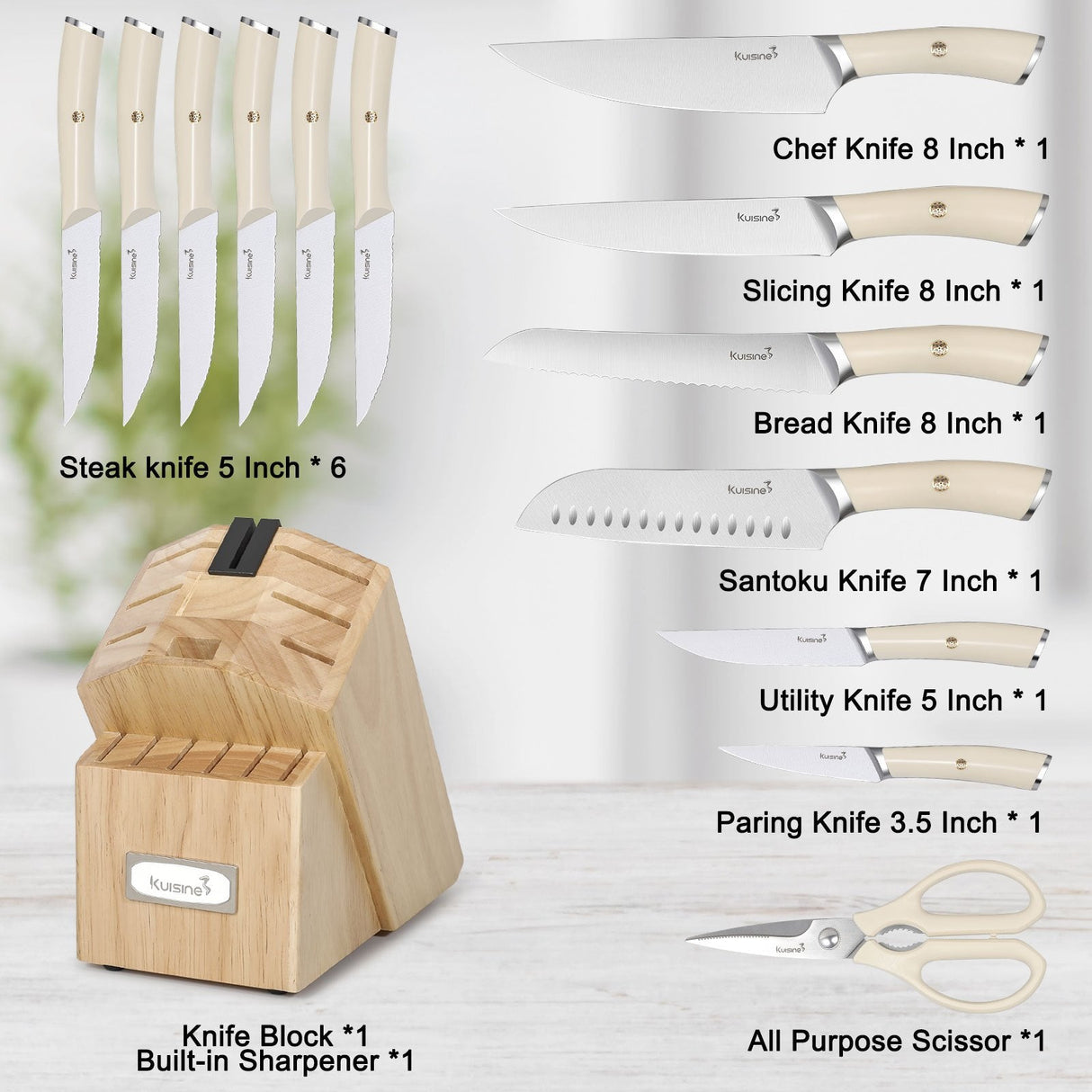 15 Piece German High Carbon Stainless Steel Knife Set with Ergonomic Handle - Kuisine Cutlery High Quality Kitchen Chef Knife Set