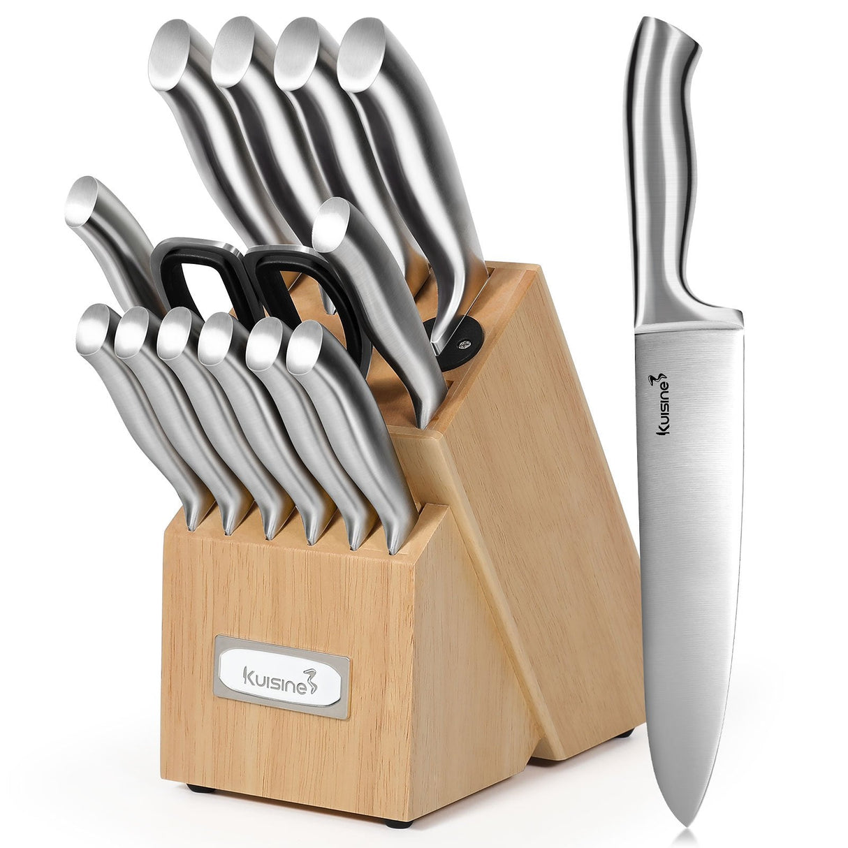 Complete high-quality kitchen knife set arranged on a countertop, perfect for both professional chefs and home cooking enthusiasts.