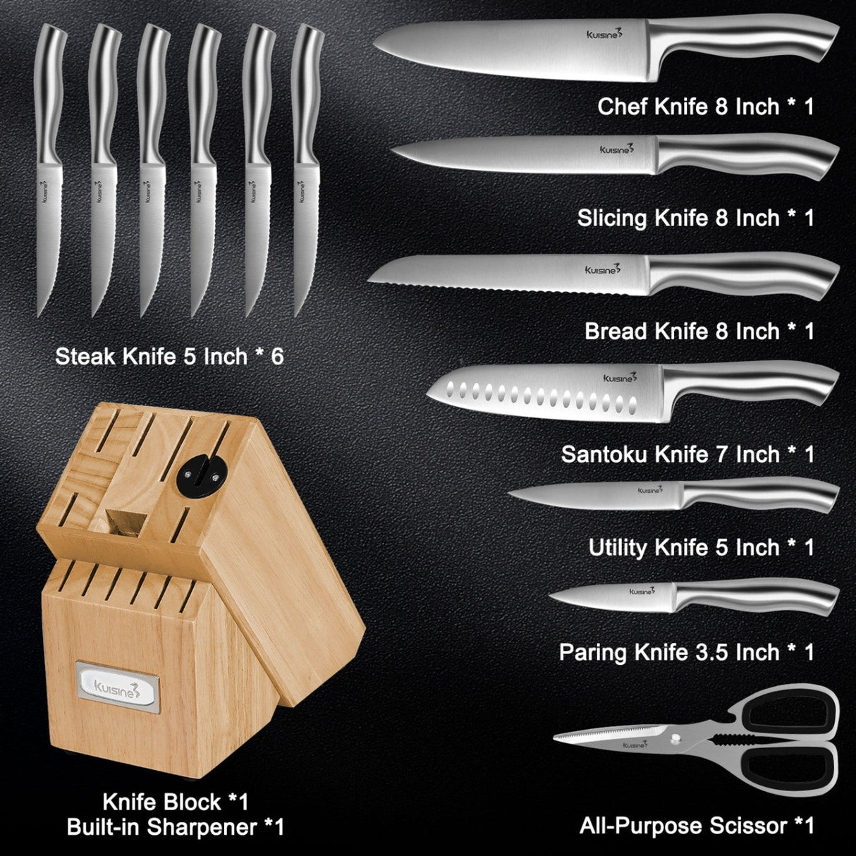 15 Piece Sharp Knives Set with Sharpener - Kuisine Cutlery High Quality Kitchen Chef Knife Set