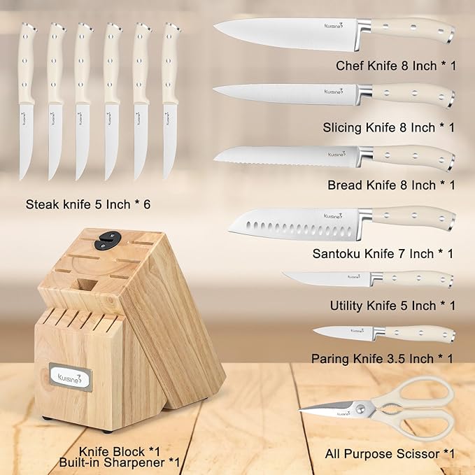 15pcs Kitchen Knife Set with Sharpener - Ultra Sharp High Carbon Stainless Steel