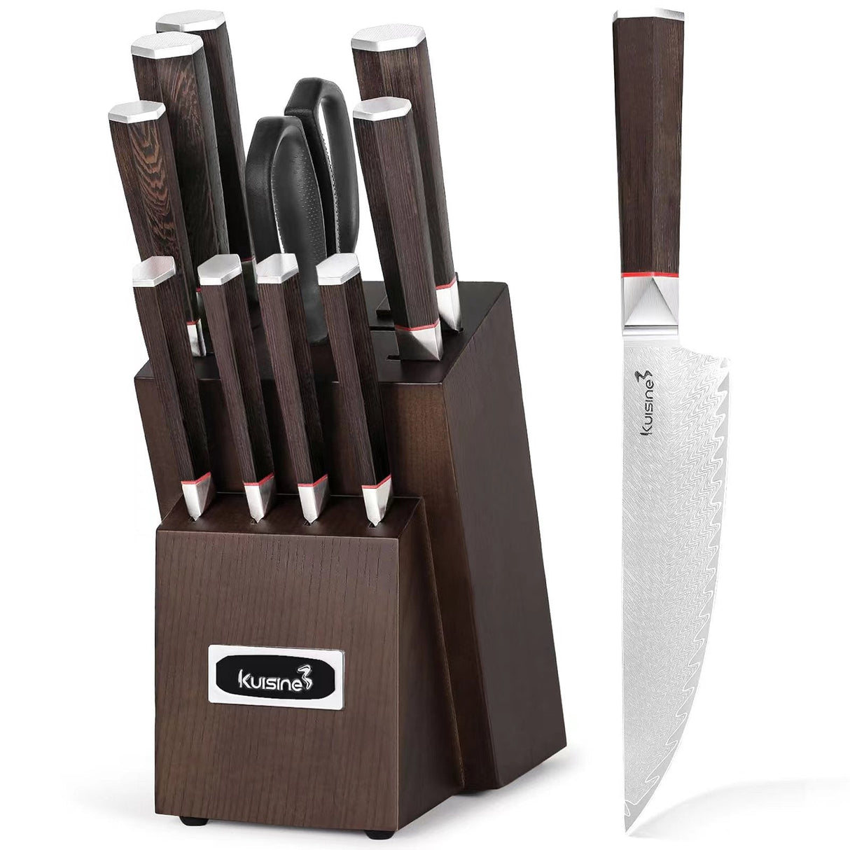 12 Piece Authentic Damascus Steel Kitchen Knife Set with Ergonomic Wood Handle - Kuisine Cutlery High Quality Kitchen Chef Knife Set