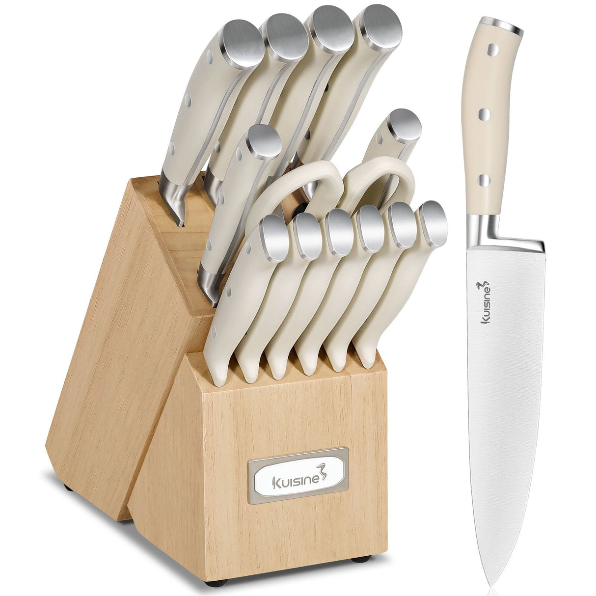 High-quality kitchen knife set displayed on a wooden block, featuring sharp stainless steel blades and comfortable grips.