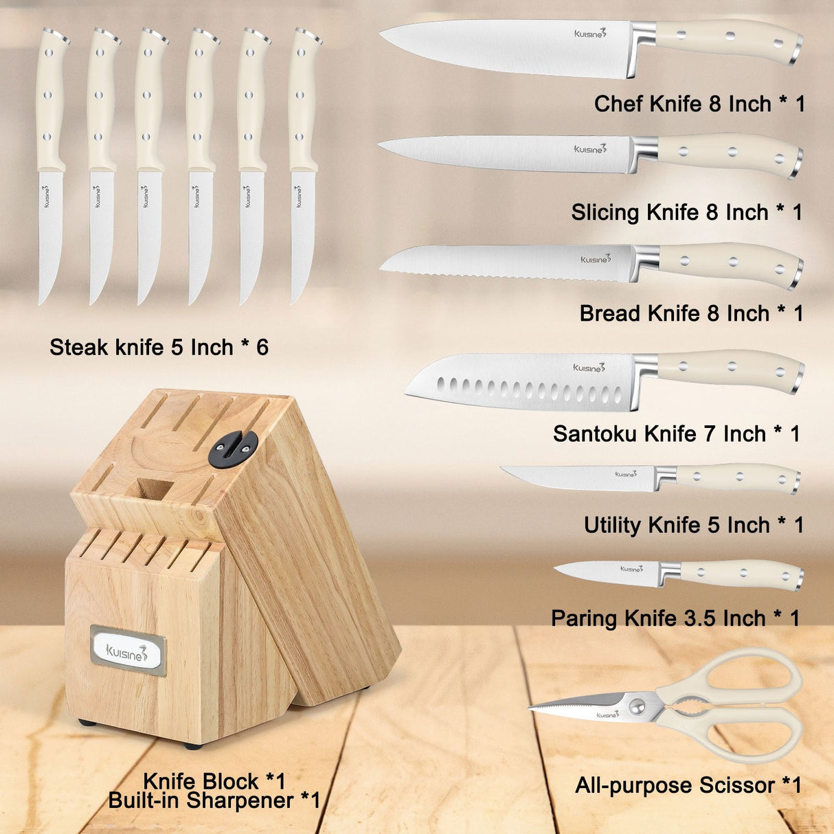 15 Piece Ultra Sharp Blade Knife Set with Ergonomic Handle - Kuisine Cutlery High Quality Kitchen Chef Knife Set