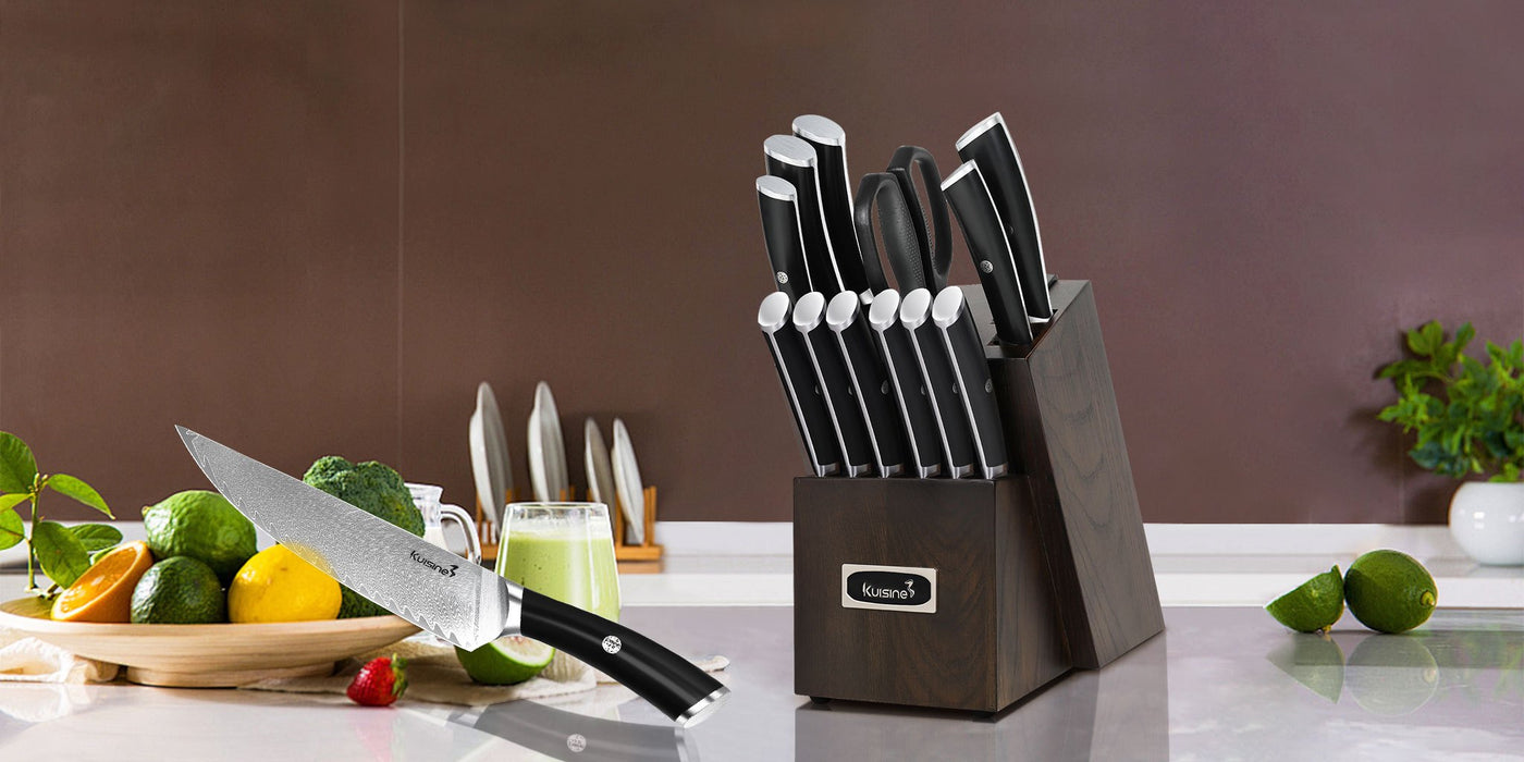 The Kuisine Damascus Knife Block Set includes all the essential knives used by professional chefs, providing everything you need for your kitchen. Each chef knife is meticulously sharpened to perfection, ensuring razor-sharp cutting and exceptional durability. This cute knife set features full tang construction and a forged bolster, delivering superb robustness and creating the perfect balance between the blade and handle.