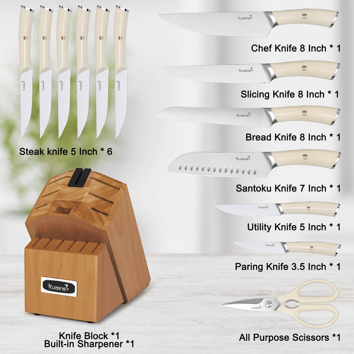 15 Piece Premium Knife Block Set with Ergonomic Handle - Kuisine Cutlery High Quality Kitchen Chef Knife Set