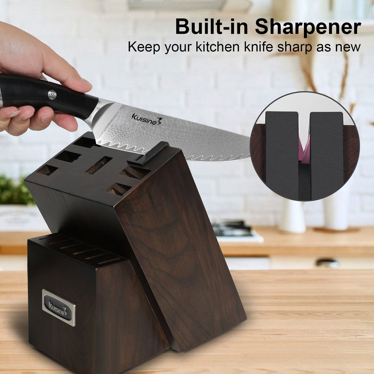 Elegant luxury knife set displayed in a polished wooden block, featuring high-quality stainless steel blades and ergonomic handles.