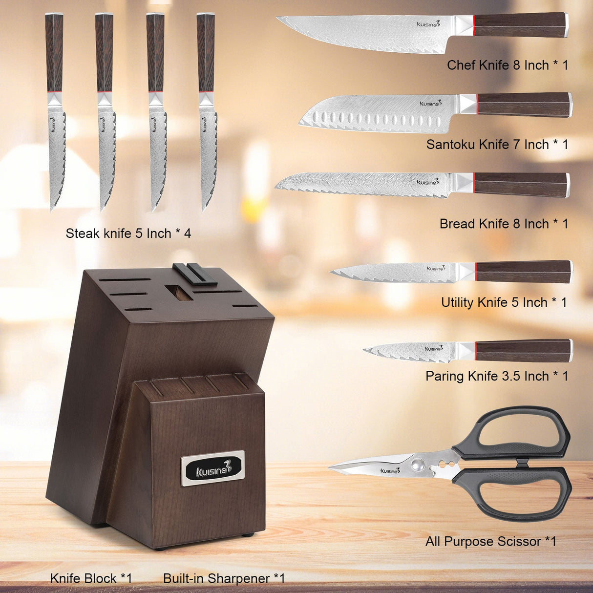12 Piece Damascus steel Knife Set Chef Knives - Kuisine Cutlery High Quality Kitchen Chef Knife Set - kitchen knife set with Ergonomic Wood Handle