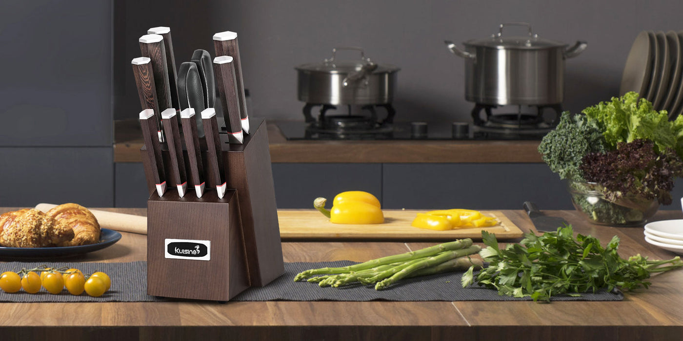 The Kuisine Damascus chef knife set features a stylish pattern etched onto the blade surface by laser, giving it a stunning appearance. Each Damascus kitchen knife is designed with an ergonomic handle made from high-quality natural wood, providing excellent durability and a comfortable, flexible grip. This professional knife block set includes all the essential knives to meet your culinary needs.