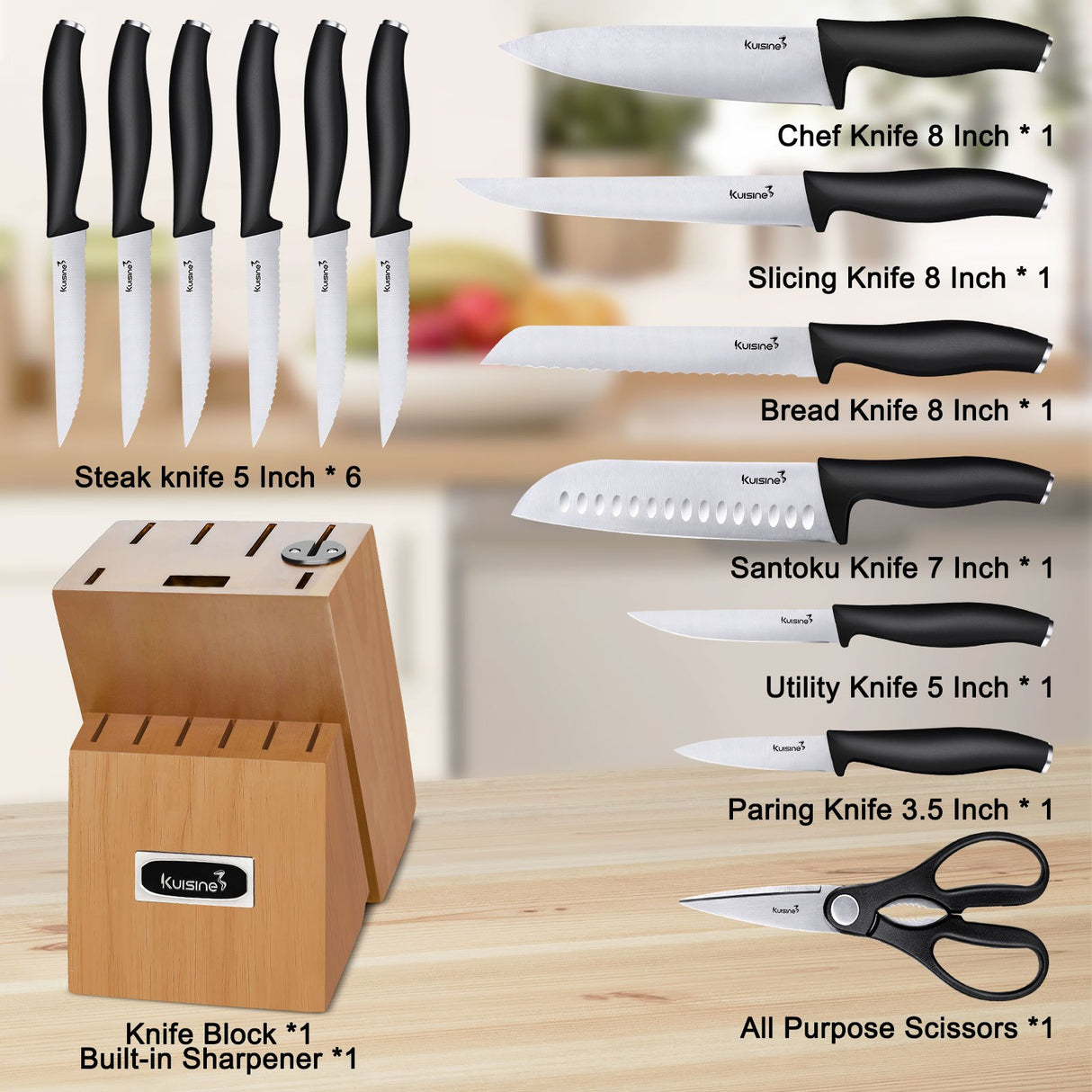 15 Piece Super Sharp Knives Set Chef Knife Set with Ergonomic Handle - Kuisine Cutlery High Quality Kitchen Chef Knife Set