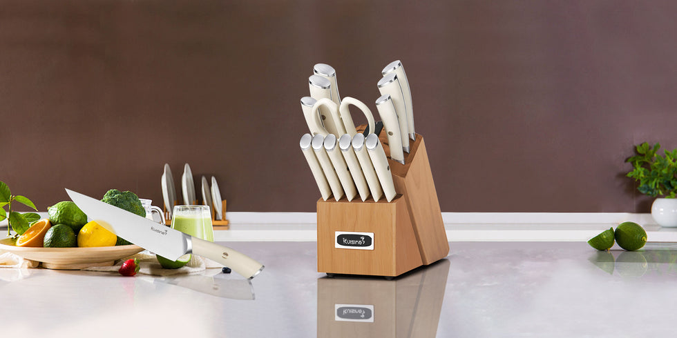 This white kitchen knife set includes all the essential knives: a chef knife, bread knife, utility knife, paring knife, steak knives, a storage block, and scissors. Professionally designed, this set is both functional and aesthetically pleasing. The knives are not only cute but also lightweight and exceptionally sharp, making them easy to handle. They complement any kitchen decor beautifully, ensuring you’ll love having this chef knife set with block as part of your culinary tools.