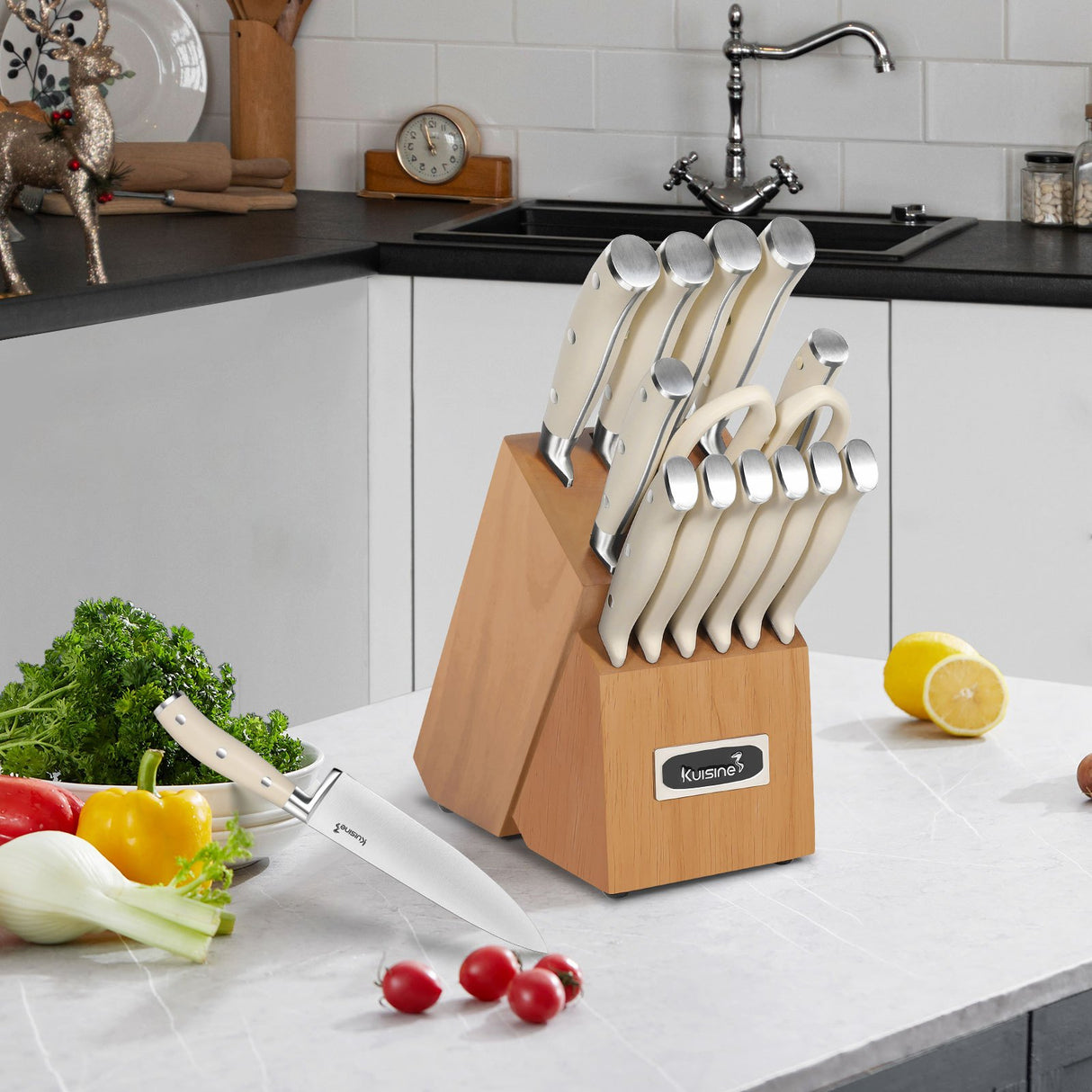 15 Piece High Carbon Stainless Steel Chef Knife Set with Built-in Sharpener - Kuisine Cutlery High Quality Kitchen Chef Knife Set