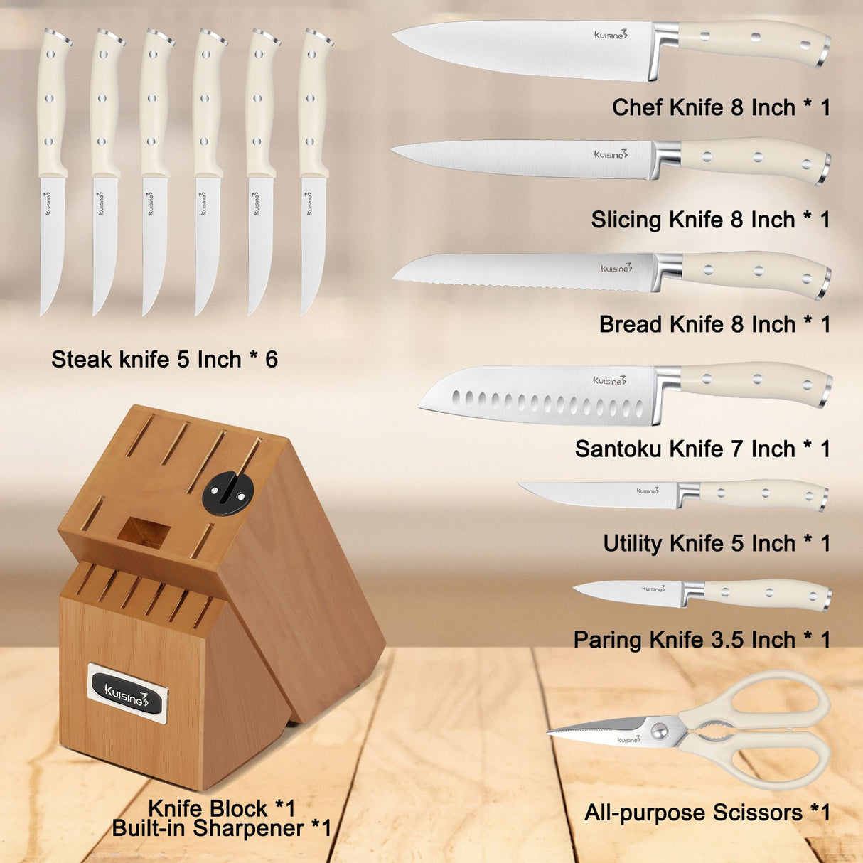 15 Piece High Carbon Stainless Steel Chef Knife Set with Built-in Sharpener - Kuisine Cutlery High Quality Kitchen Chef Knife Set