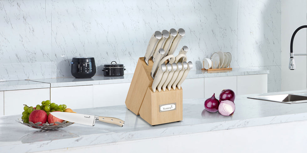 The Kuisine white handled knife set includes all the essential kitchen knives for everyday use. Each knife of the professional chefs knives set undergoes a rigorous multi-inspection process to ensure quality. The white ergonomic handles provide a secure grip and outstanding stability, ensuring comfort and maneuverability during use. This white handled knife set is a perfect blend of functionality and style for any kitchen.