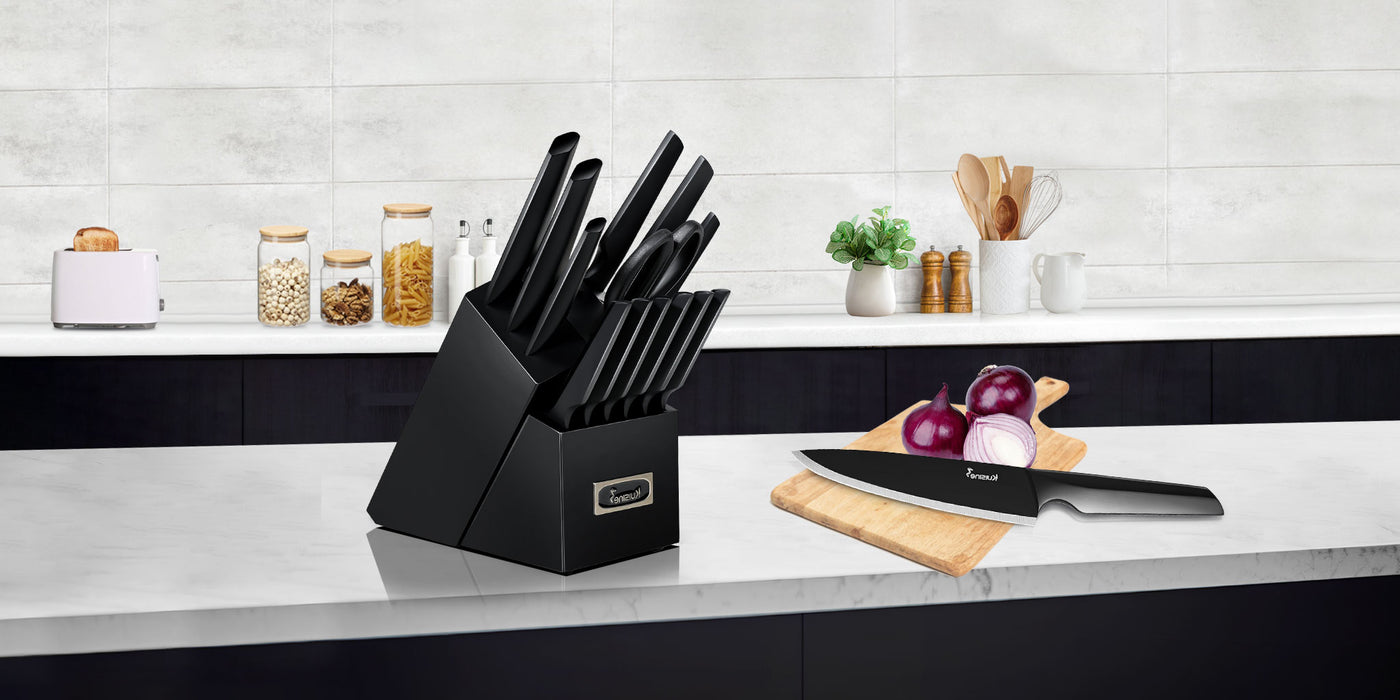Kuisine modern black kitchen knife sets with block, the sleek knives are elegantly displayed in a stylish wooden block. Each knife of black knife set with wooden block features a striking black coating on the stainless steel surface, giving them a contemporary look. The professional set includes essential blades, such as a chef’s knife, utility knife, and paring knife, all designed for professional performance.
