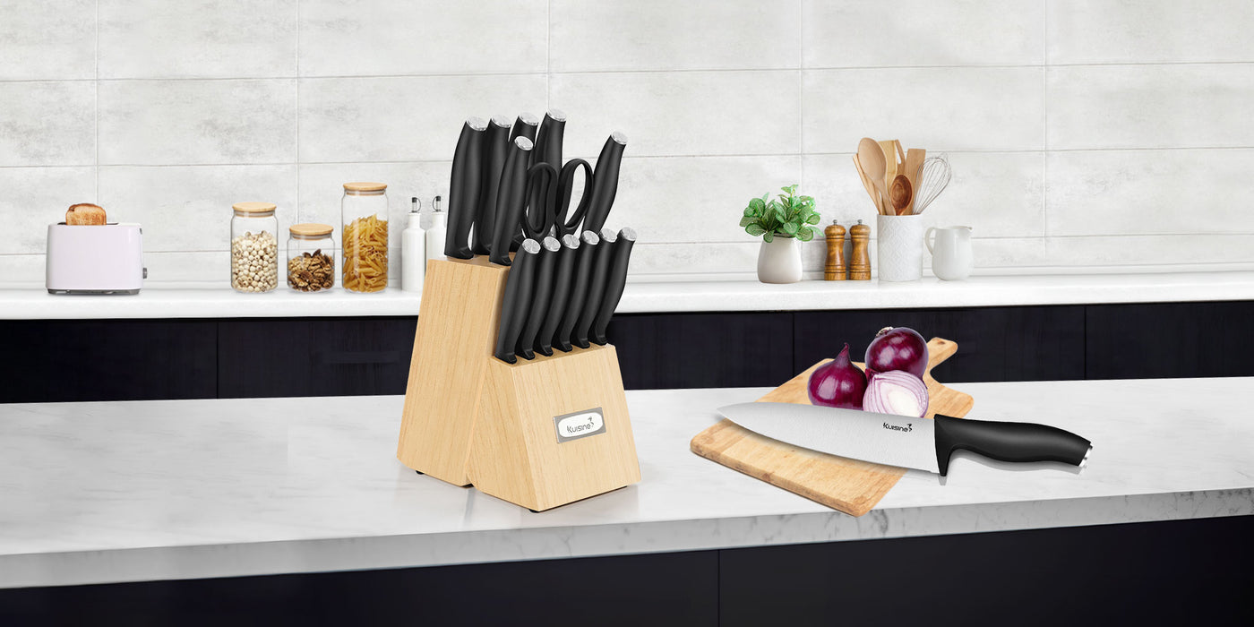 Set your kitchen up for success with Kuisine all-in-one pro kitchen knife set. This profesional knife set includes all the essentials you need—professional chef knives, kitchen scissors, and a built in knife sharpener. Designed for comfort and precision, this professional knife block set simplifies meal prep and enhances your culinary experience. Elevate your cooking with Home Hero's apartment essentials!
