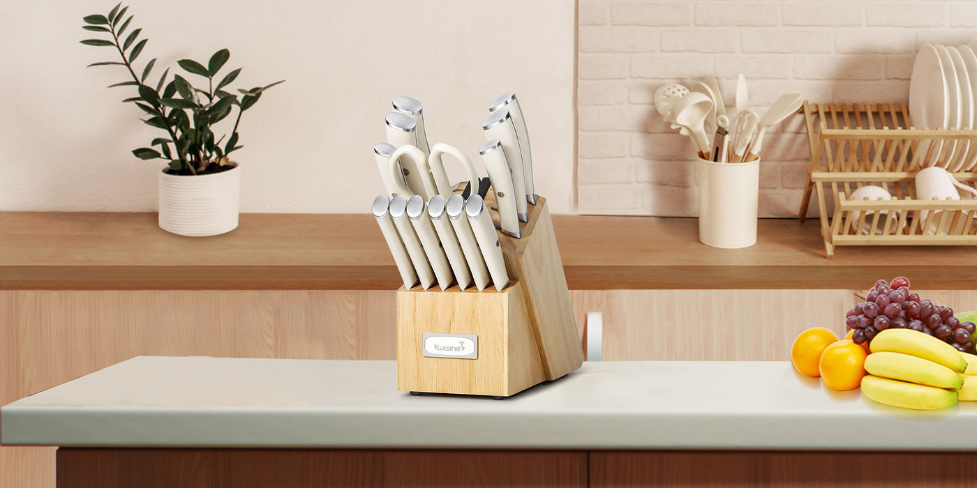 High quality knife set in action, expertly slicing through fresh vegetables, demonstrating superior sharpness and control.