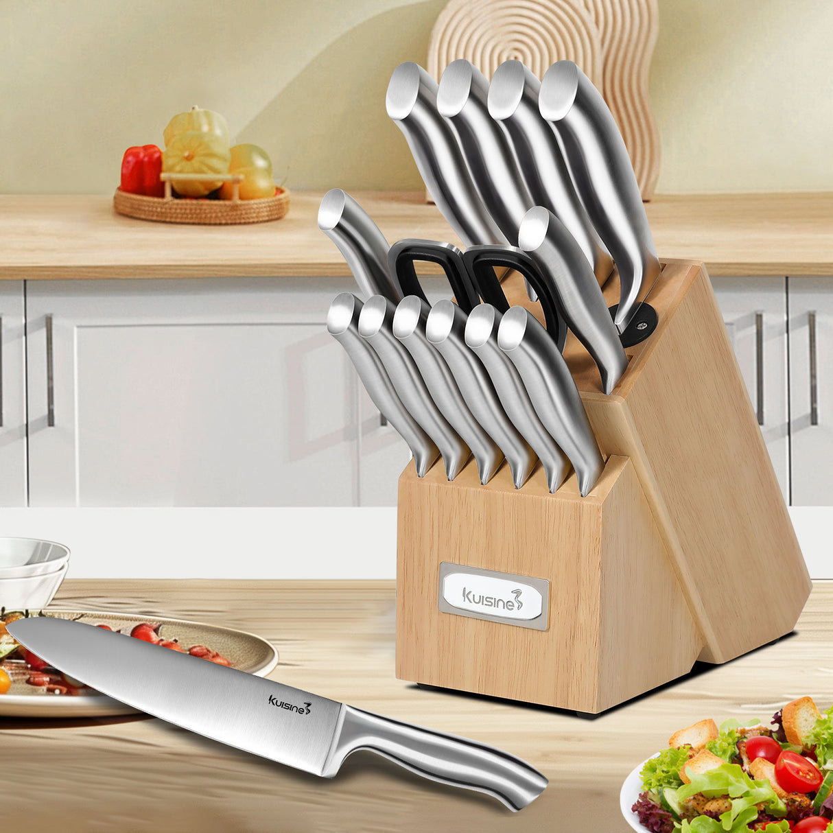 15 Piece Razor Sharp Chef Knife Block Set with Sharpener - Kuisine Cutlery High Quality Kitchen Chef Knife Set