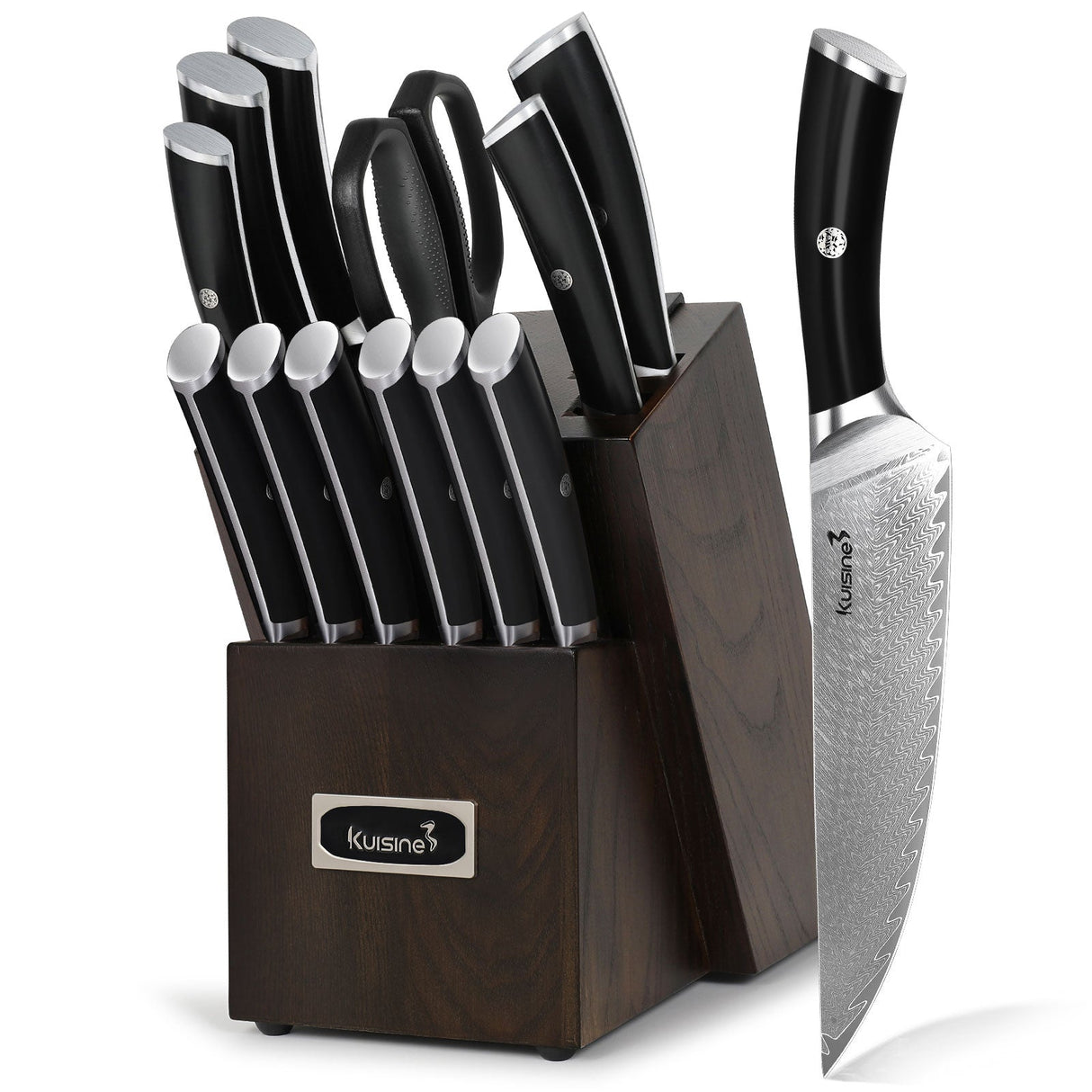 knives for men Stylish Damascus knife set arranged on a countertop, featuring a chef knife, paring knife, and utility knife with stunning blade designs