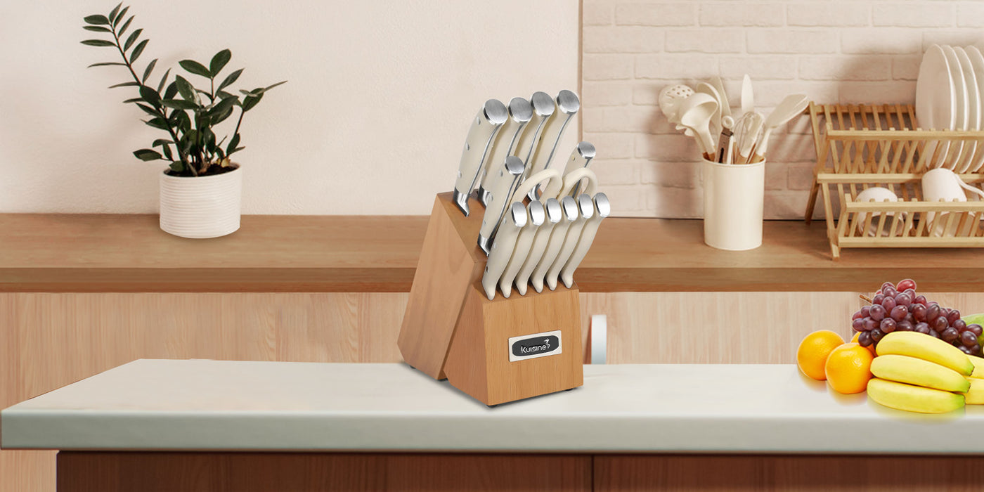 The white knife set with block is designed to maintain each blade's edge at the optimal cutting angle for maximum sharpness, enhancing efficiency and saving time in everyday food preparation. This cute knife set knife set features precision stainless-steel blades that resist stains and rust. This high end kitchen knife set with full tangs and extra-wide forged bolsters, these high-end knives provide excellent balance, stability, and control, making them a perfect addition to any kitchen.