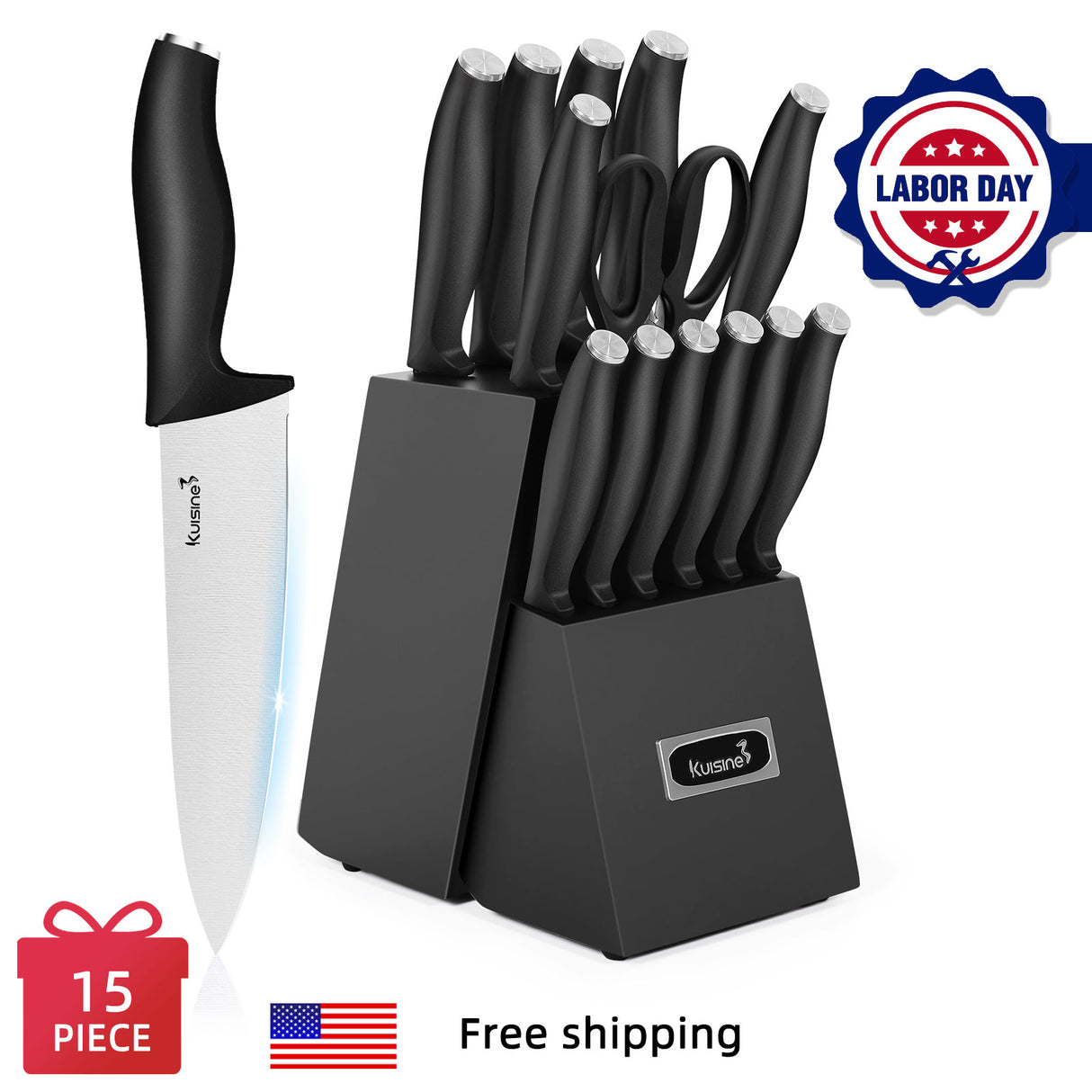 15 Piece High Carbon Stainless Steel Knife Block Set with Built-in Sharpener