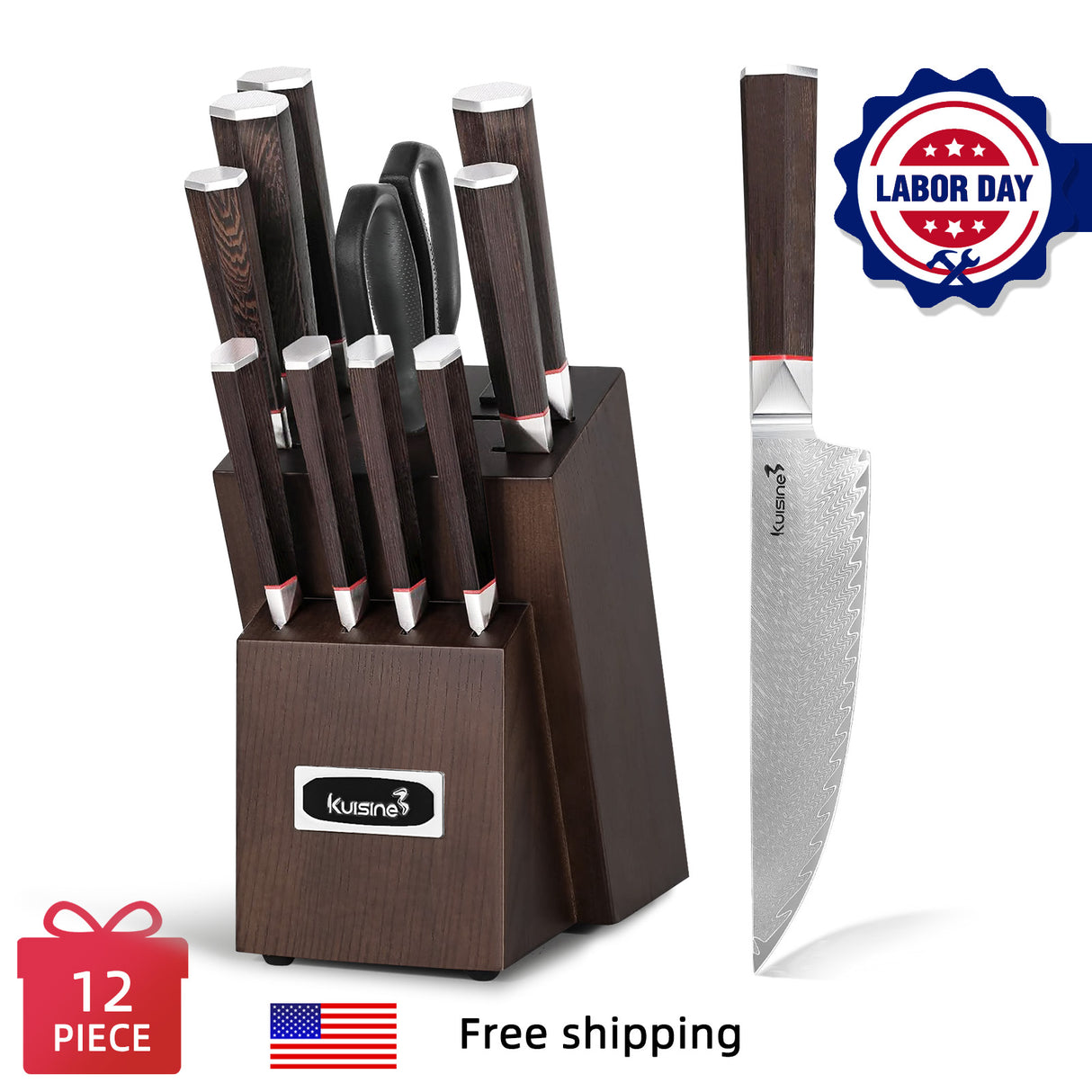 12 Piece Authentic Damascus Steel Knife Set with Ergonomic Wood Handle