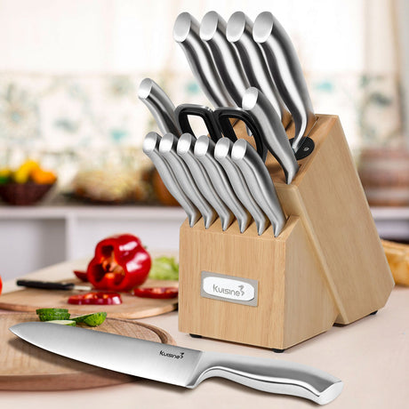 15 Piece Razor-Sharp Blade Knife Block Set with Built-in Sharpener