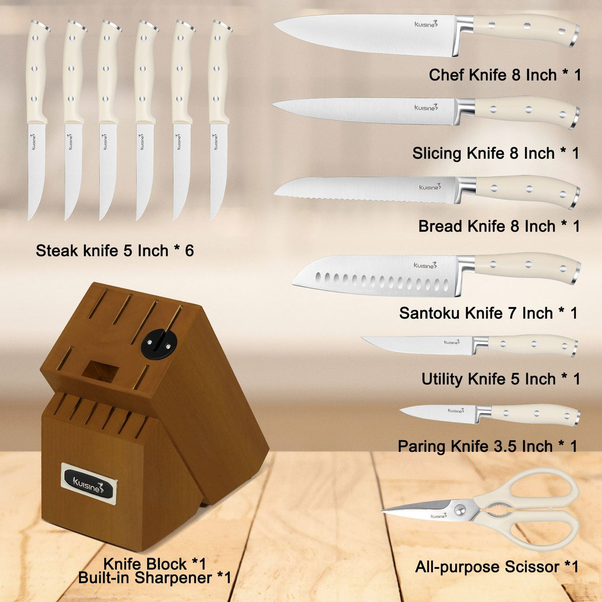 15 Piece High Carbon Stainless Steel Chef Knife Set with Built-in Sharpener