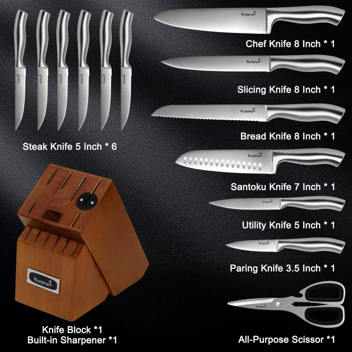 15 Piece High-Carbon Stainless Steel Knife Block Set with One-Piece Construcion