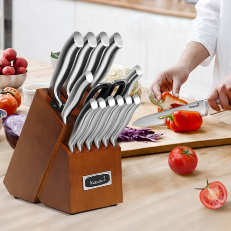 15 Piece High-Carbon Stainless Steel Knife Block Set with One-Piece Construcion