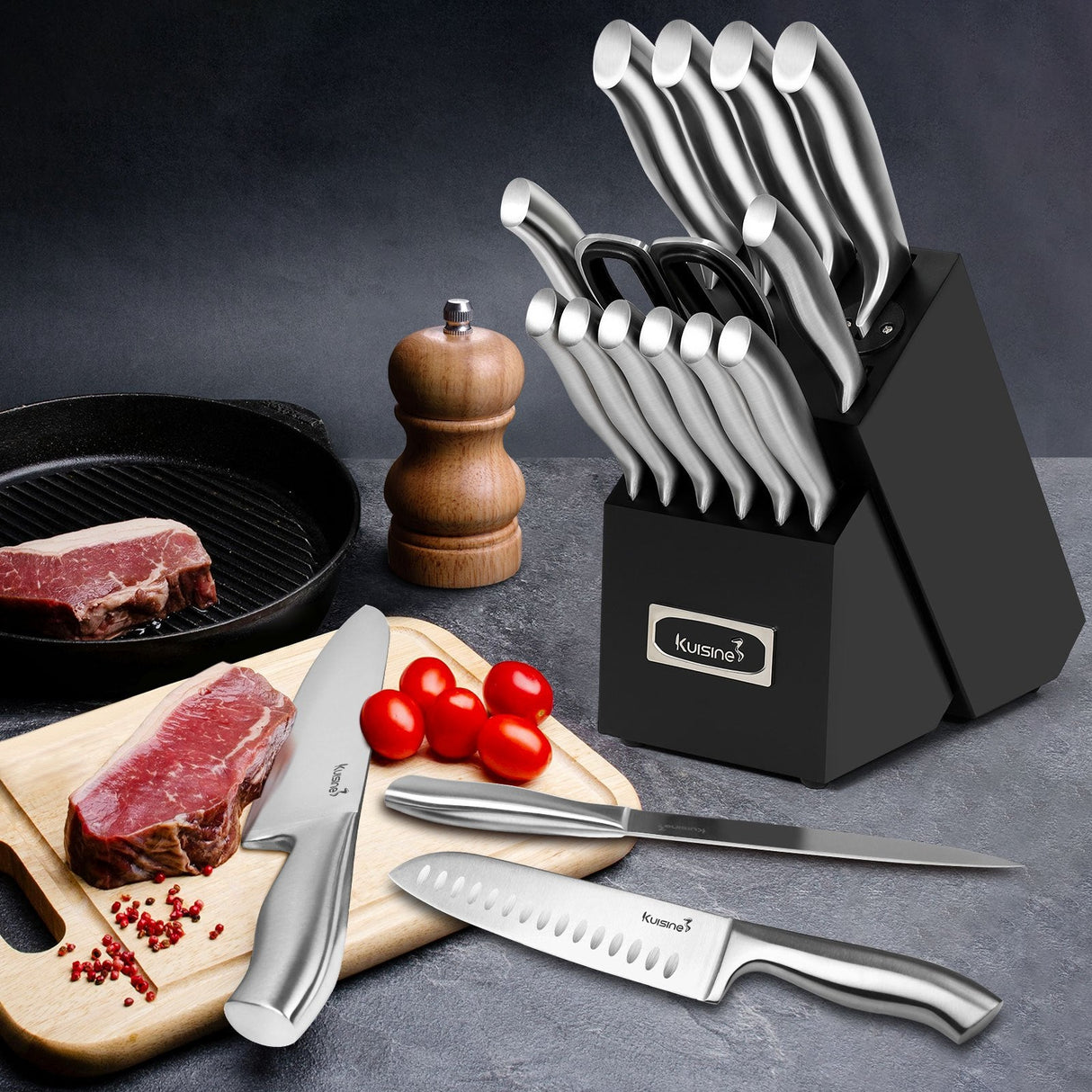 15 Piece High Carbon Stainless Steel Knife Block Sets for Easy Cleaning