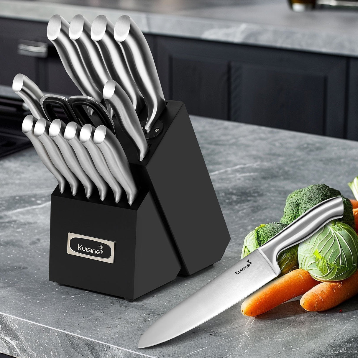 15 Piece High Carbon Stainless Steel Knife Block Sets for Easy Cleaning