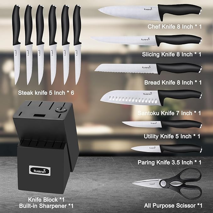 15 Piece High Carbon Stainless Steel Knife Block Set with Built-in Sharpener