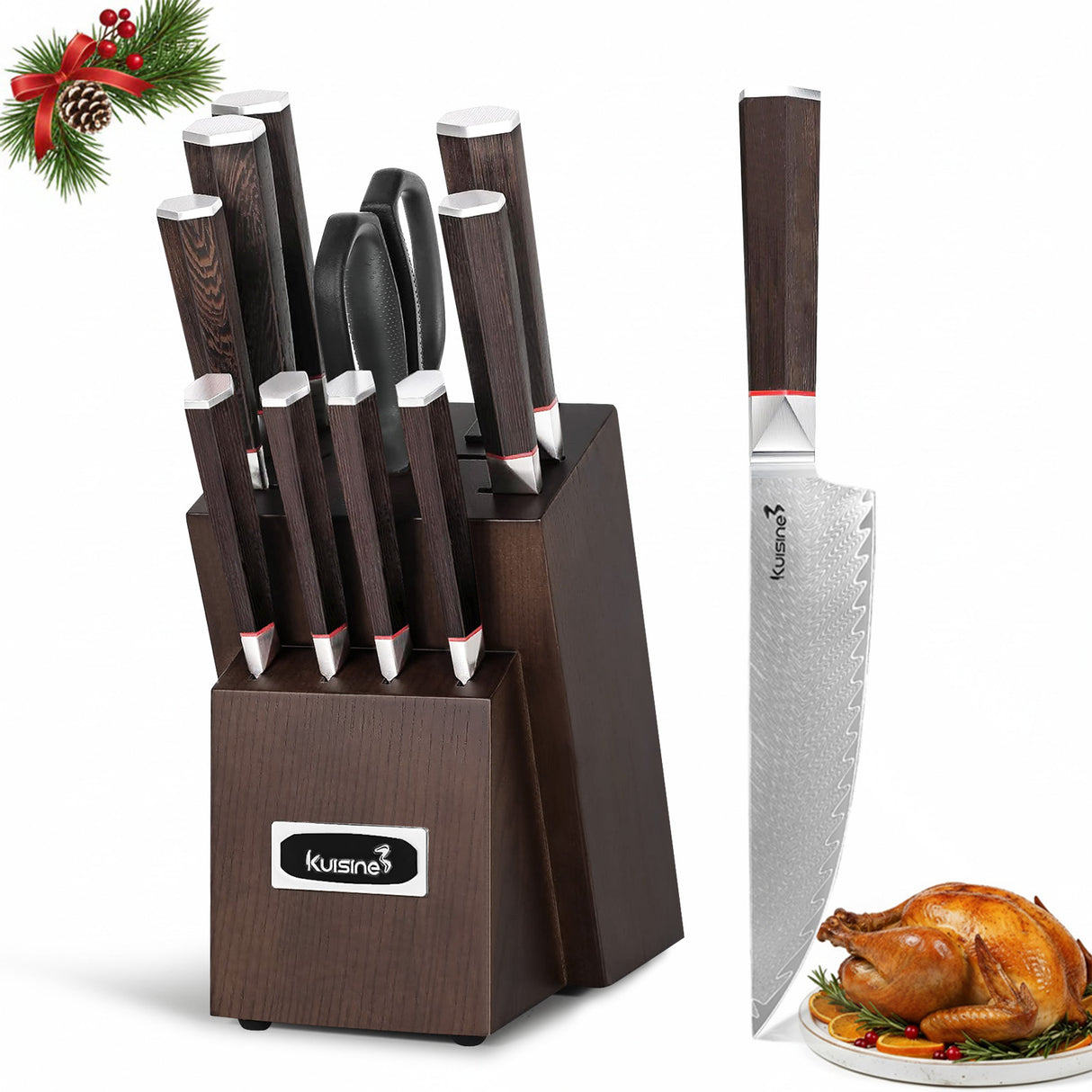 12 Piece Authentic Damascus Steel Knife Set with Ergonomic Wood Handle