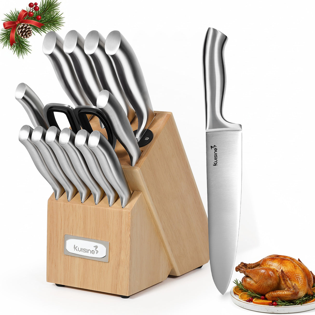 15 Piece Razor-Sharp Blade Knife Block Set with Sharpener