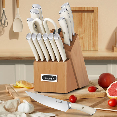 15 Piece Premium Knife Block Set with Ergonomic Handle - Kuisine Cutlery High Quality Kitchen Chef Knife Set