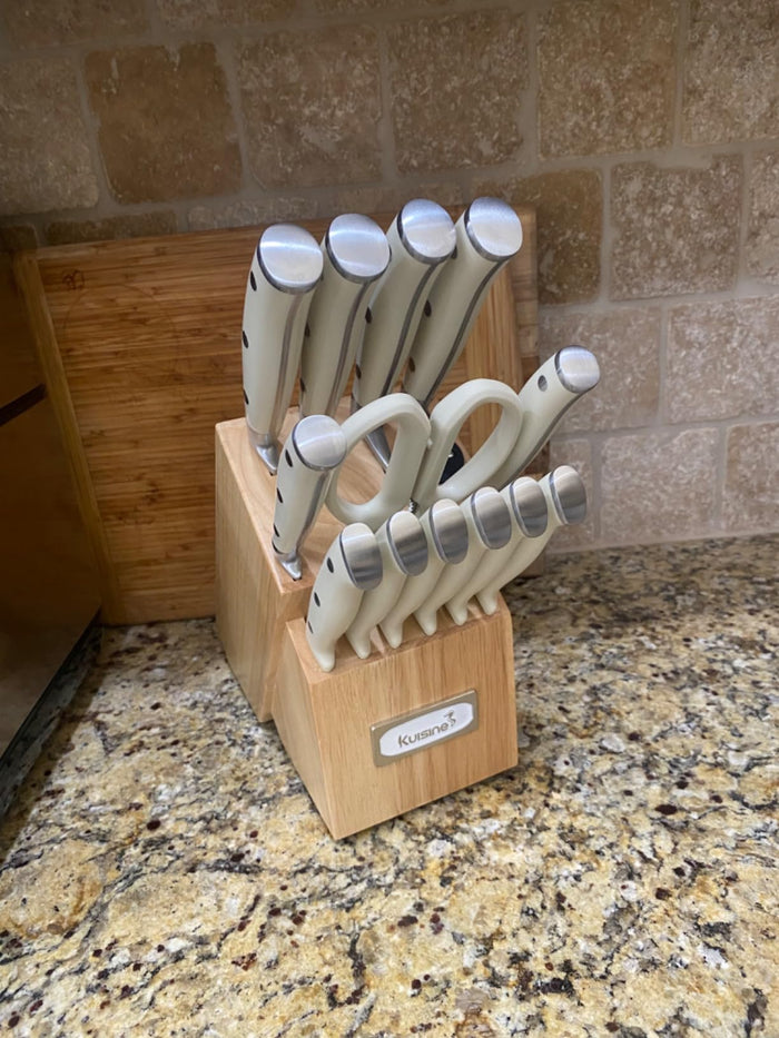 The Kuisine High Quality Knife Set Typically Includes A Bread Knife, Paring Knif, and A Kitchen Shear for Added Versatility. With Its Western Style Designs, These Sets Pairs Perfectly with Your Cutting Boards to Meet All Your Culinary Needs.