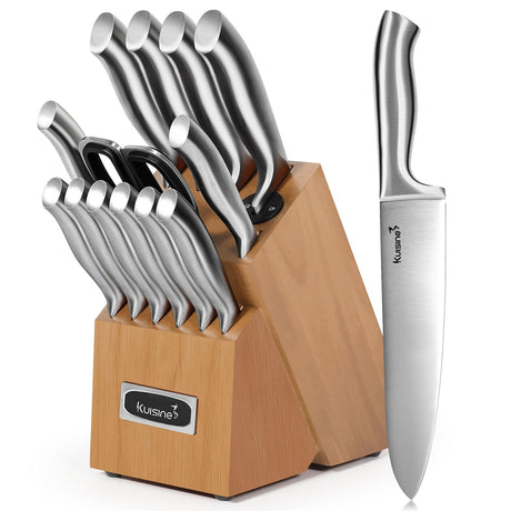 15 Piece High-Carbon Stainless Steel Knife Block Set - Kuisine Cutlery High Quality Kitchen Chef Knife Set Carbon Steel Knives Carbon Steel Blades Carbon Steel Knife Set