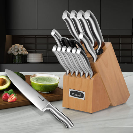 15 Piece High Carbon Stainless Steel Knife Block Set - Kuisine Cutlery High Quality Kitchen Chef Knife Set features high carbon steels with excellent corrosion resistance, ensuring they maintain sharpness while holding an edge. With a balanced carbon content, these knives are crafted from premium steel types, making it a great deal for anyone looking for superior edge retention in their kitchen.