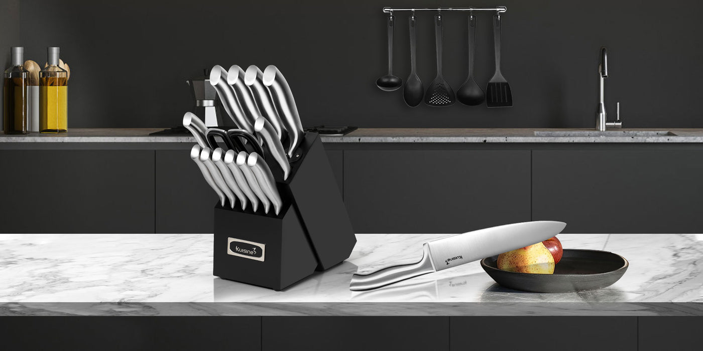 The black knife set with block is expertly crafted from high-carbon steel, ensuring a long-lasting edge for professional-quality cuts every time. Each black cooking Knives feature ergonomic handles that are well-balanced and designed with a textured stainless steel finish for a secure, comfortable grip. This pro chef knife set also includes built-in sharpener, helping to maintain the knives' sharp blades and superior performance over time.